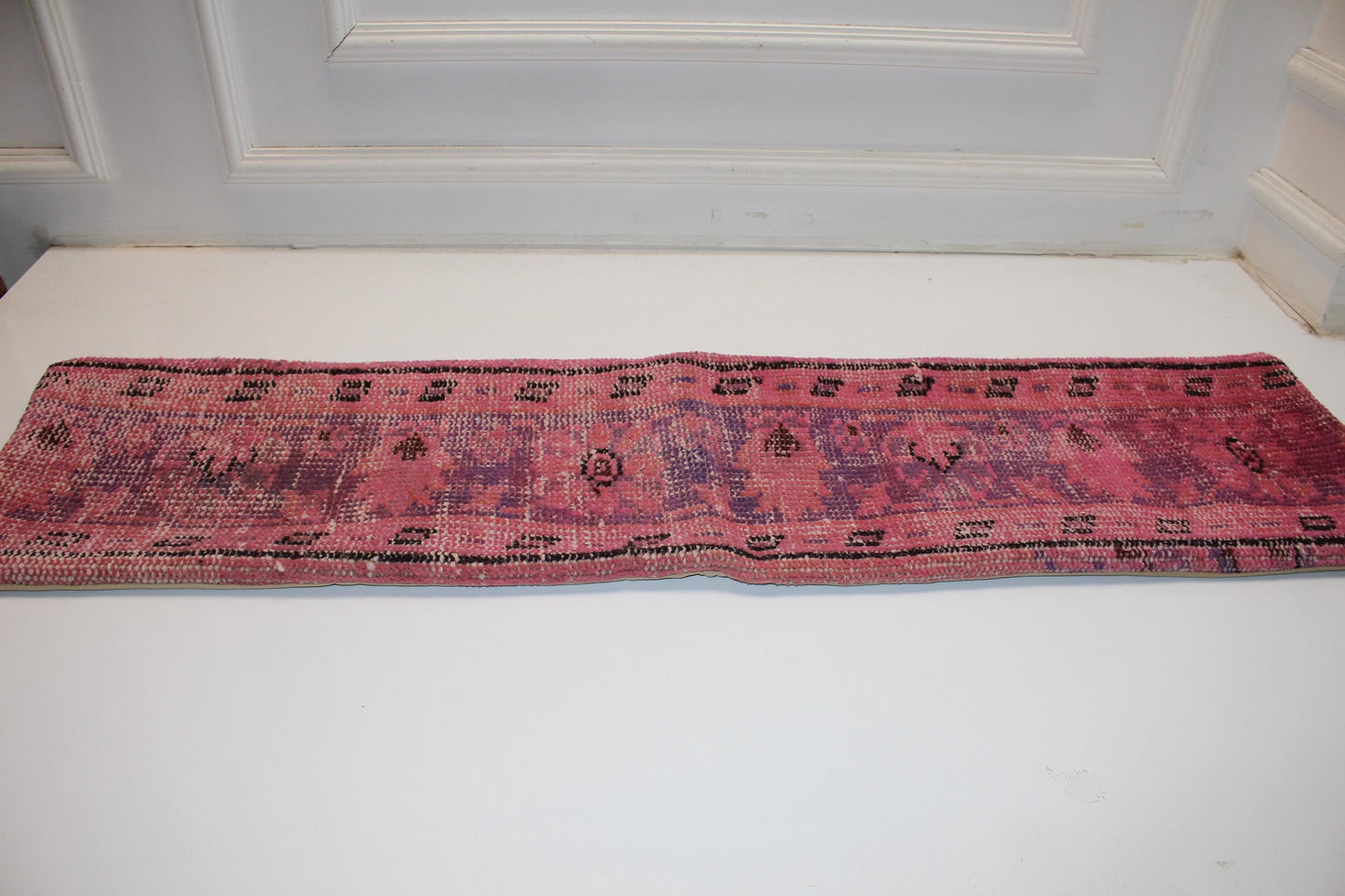 Pink Vintage Turkish Rug Bench Pillow 12x48, Magenta Kilim Lumbar Cushion