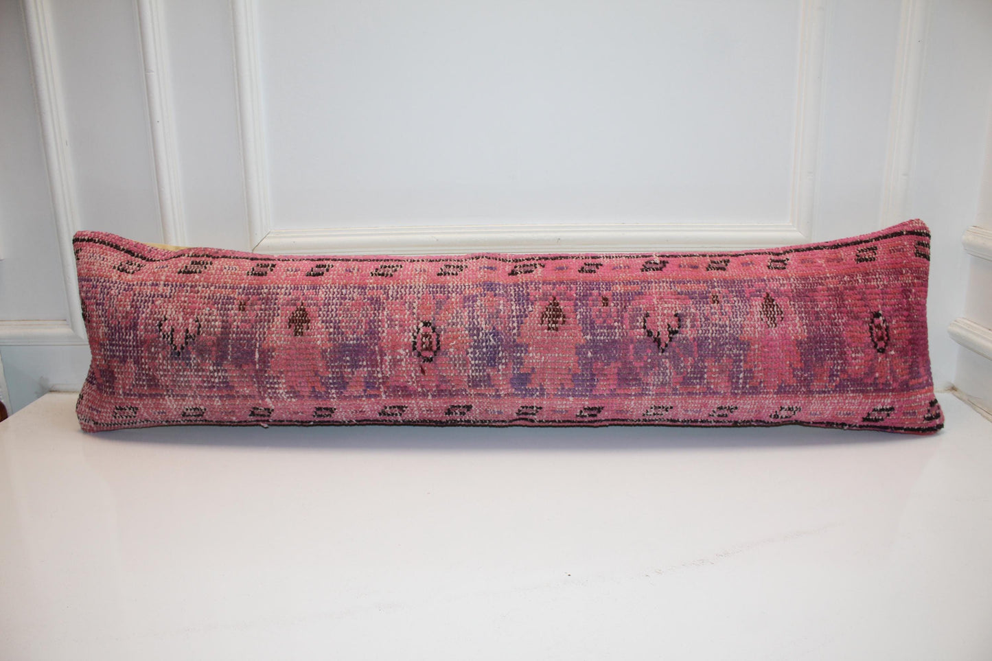 Pink Vintage Turkish Rug Bench Pillow 12x48, Magenta Kilim Lumbar Cushion