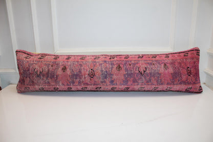 Pink Vintage Turkish Rug Bench Pillow 12x48, Magenta Kilim Lumbar Cushion