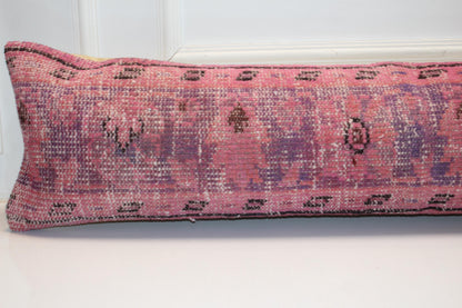 Pink Vintage Turkish Rug Bench Pillow 12x48, Magenta Kilim Lumbar Cushion