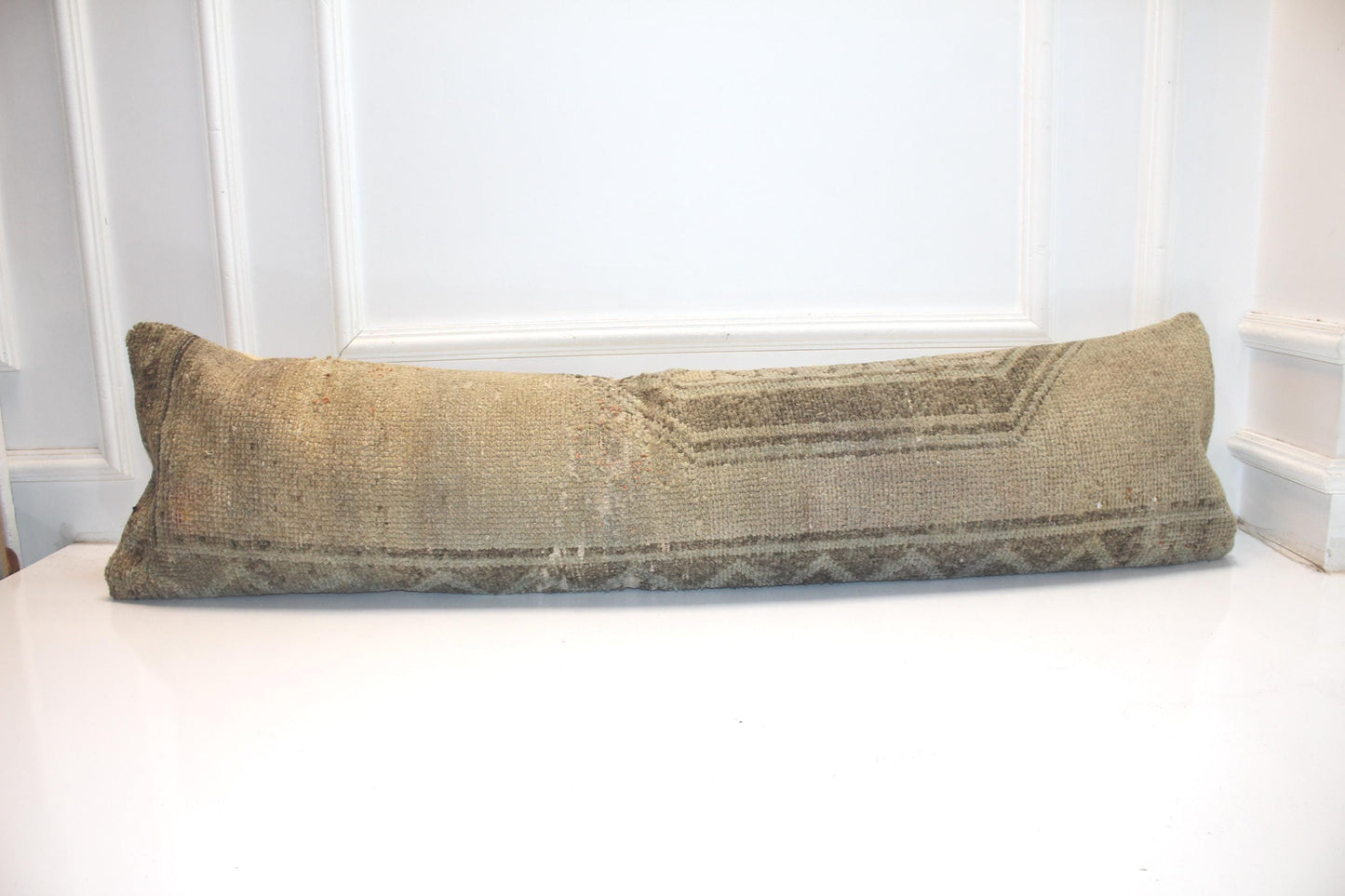 Beige Turkish Kilim Lumbar Pillow, Vintage Bench Cushion, 12x48 Neutral Boho