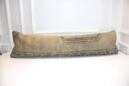 Beige Turkish Kilim Lumbar Pillow, Vintage Bench Cushion, 12x48 Neutral Boho