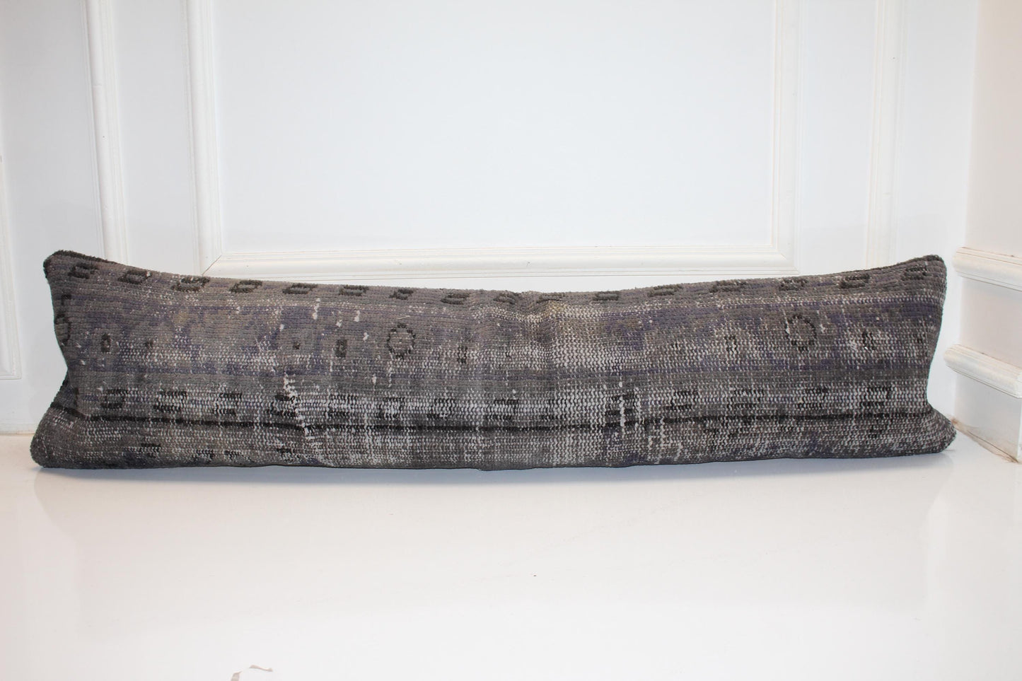 Charcoal Gray Vintage Turkish Rug Bench Pillow, Long Lumbar Cushion for Sofa 12X48