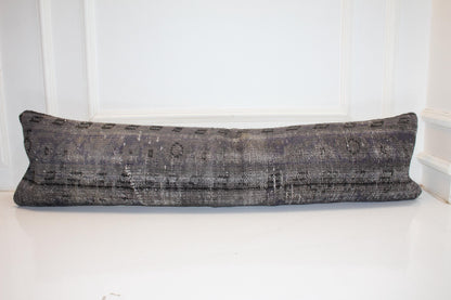 Charcoal Gray Vintage Turkish Rug Bench Pillow, Long Lumbar Cushion for Sofa 12X48