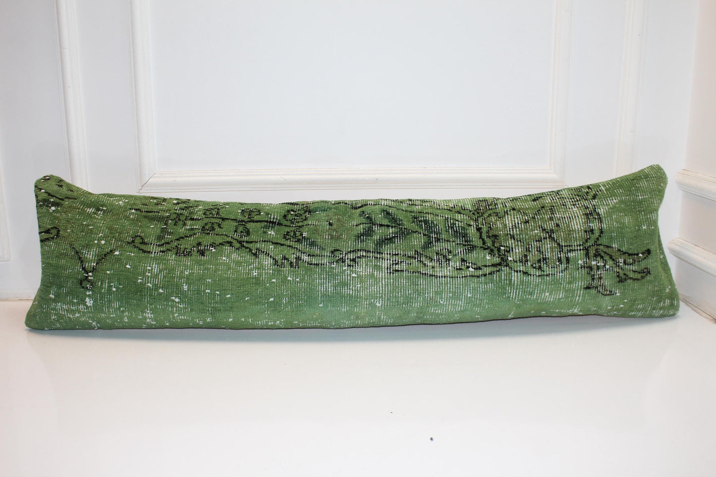 Olive Green Vintage Turkish Rug Bench Pillow, Handwoven Look Long Lumbar Cushion 12X48