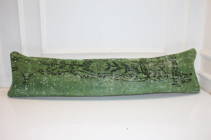 Olive Green Vintage Turkish Rug Bench Pillow, Handwoven Look Long Lumbar Cushion 12X48