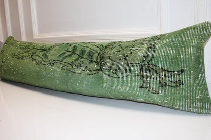 Olive Green Vintage Turkish Rug Bench Pillow, Handwoven Look Long Lumbar Cushion 12X48
