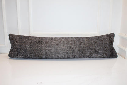 Smoky Taupe Vintage Turkish Rug Bench Pillow, Faded Dark Neutral Lumbar Cushion 12X48