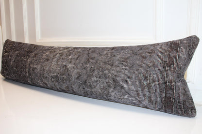 Smoky Taupe Vintage Turkish Rug Bench Pillow, Faded Dark Neutral Lumbar Cushion 12X48