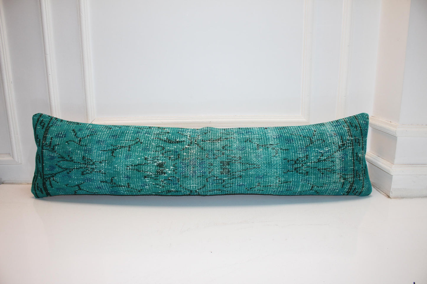 Emerald Teal Vintage Turkish Rug Bench Pillow, Bold Overdyed Long Lumbar Cushion 12X48