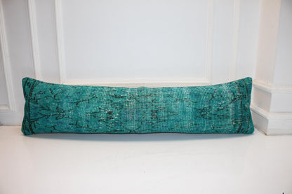 Emerald Teal Vintage Turkish Rug Bench Pillow, Bold Overdyed Long Lumbar Cushion 12X48
