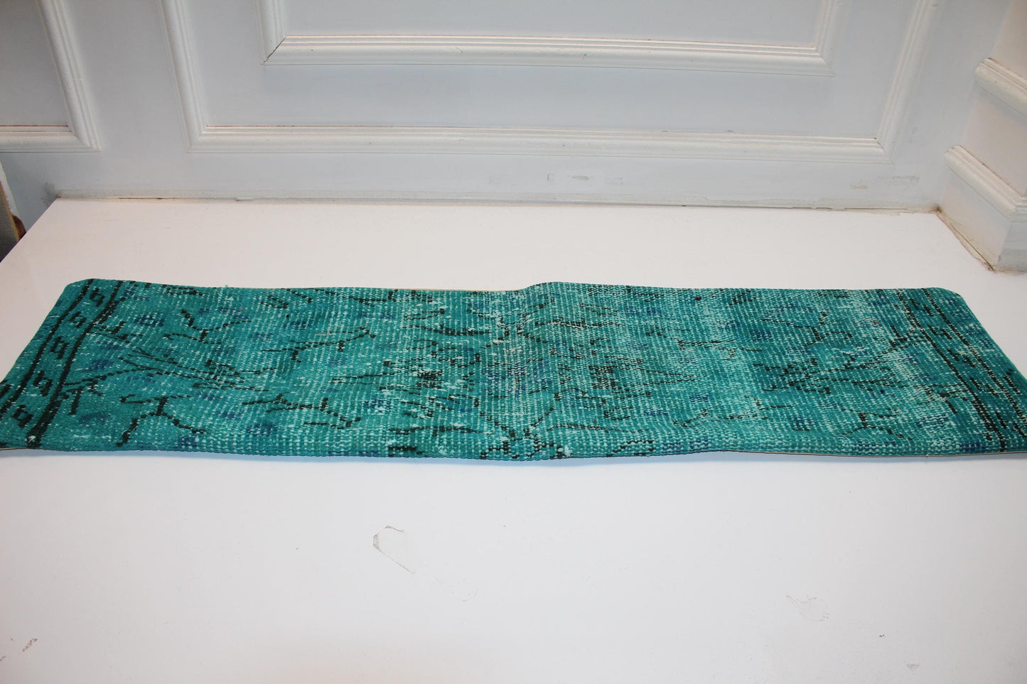 Emerald Teal Vintage Turkish Rug Bench Pillow, Bold Overdyed Long Lumbar Cushion 12X48