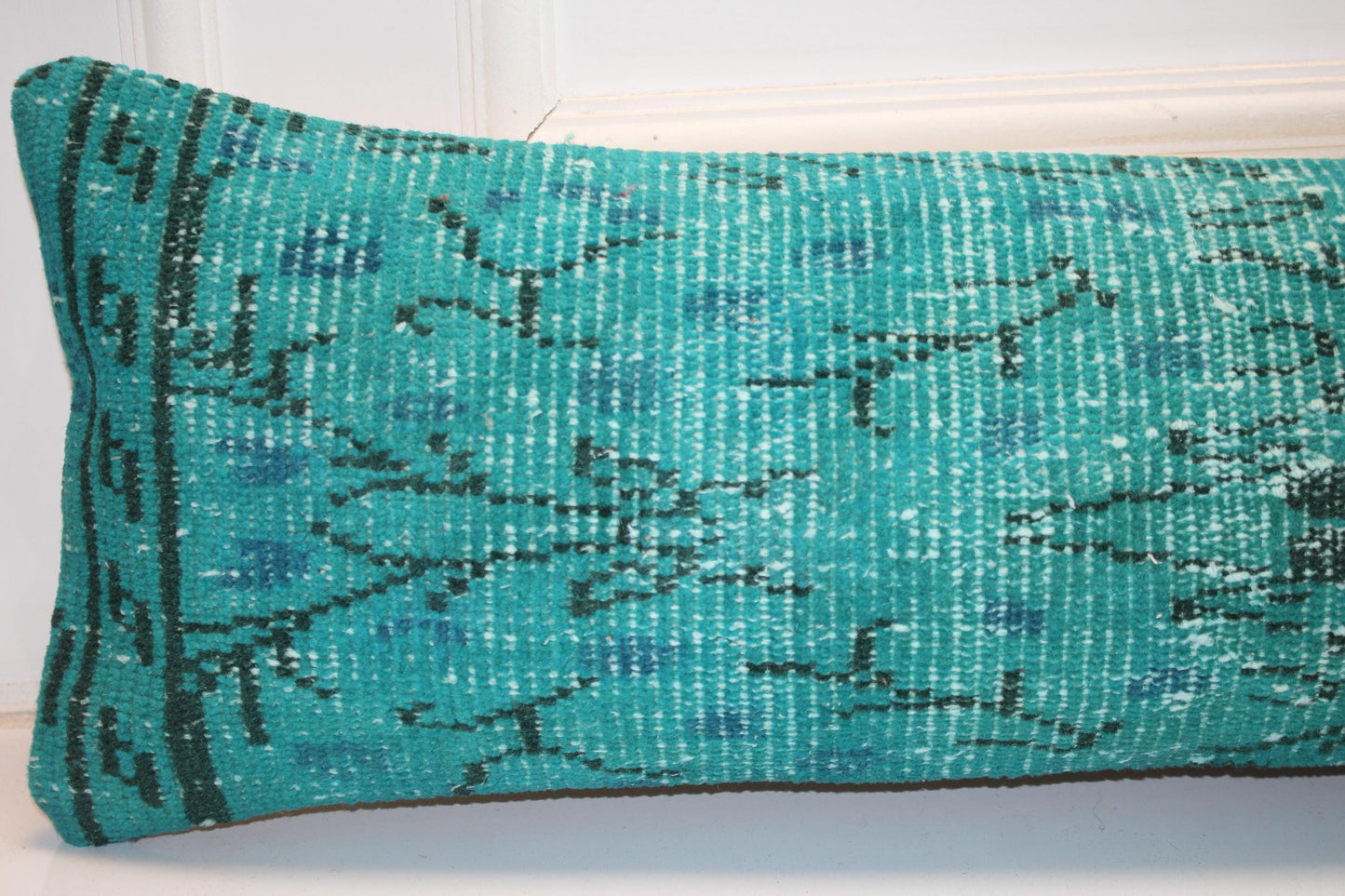 Emerald Teal Vintage Turkish Rug Bench Pillow, Bold Overdyed Long Lumbar Cushion 12X48
