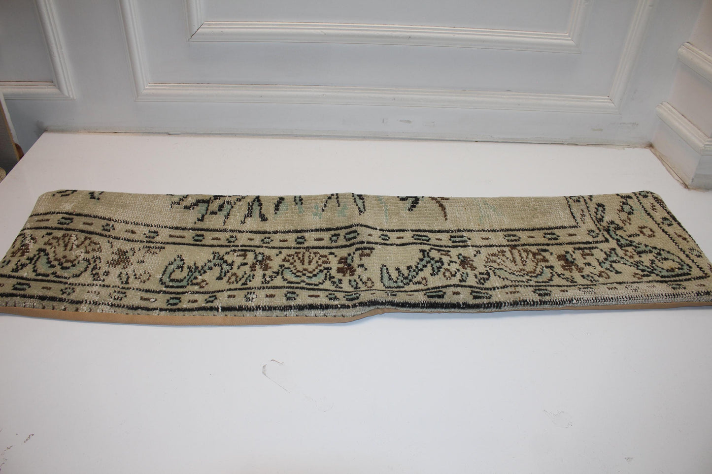 Antique Cream Turkish Rug Bench Pillow, Linear Tribal Border Lumbar Cushion 12X48
