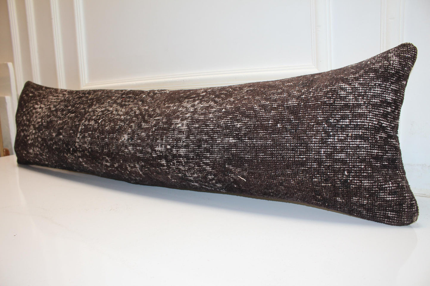 Deep Espresso Brown Vintage Turkish Rug Bench Pillow, Textured Overdyed Long Lumbar Cushion 12X48