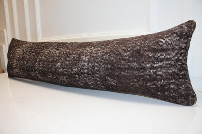 Deep Espresso Brown Vintage Turkish Rug Bench Pillow, Textured Overdyed Long Lumbar Cushion 12X48