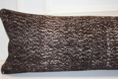 Deep Espresso Brown Vintage Turkish Rug Bench Pillow, Textured Overdyed Long Lumbar Cushion 12X48