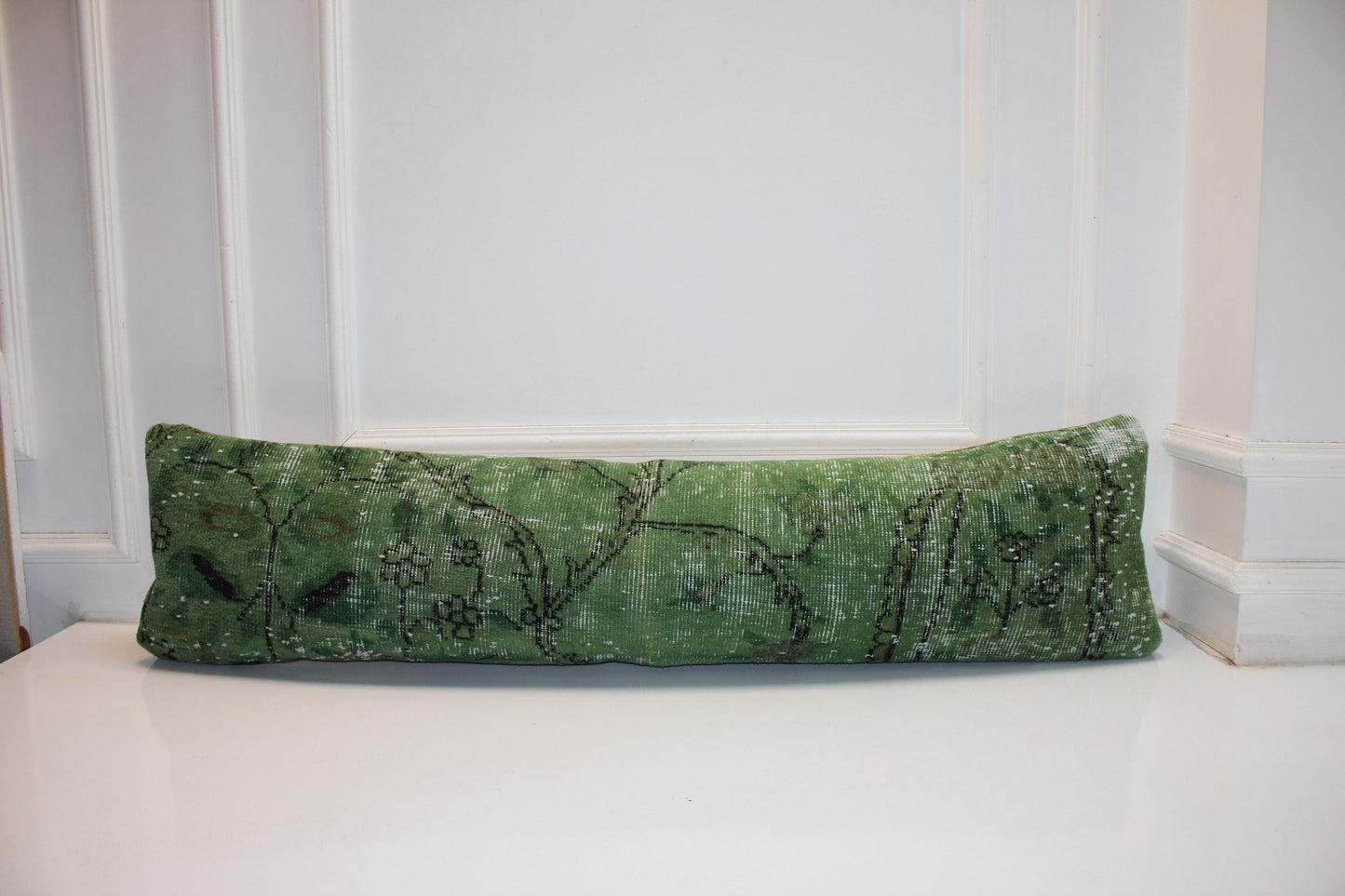 Fresh Green Vintage Turkish Rug Bench Pillow, Botanical Distressed Long Lumbar Cushion 12X48