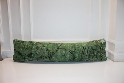 Fresh Green Vintage Turkish Rug Bench Pillow, Botanical Distressed Long Lumbar Cushion 12X48