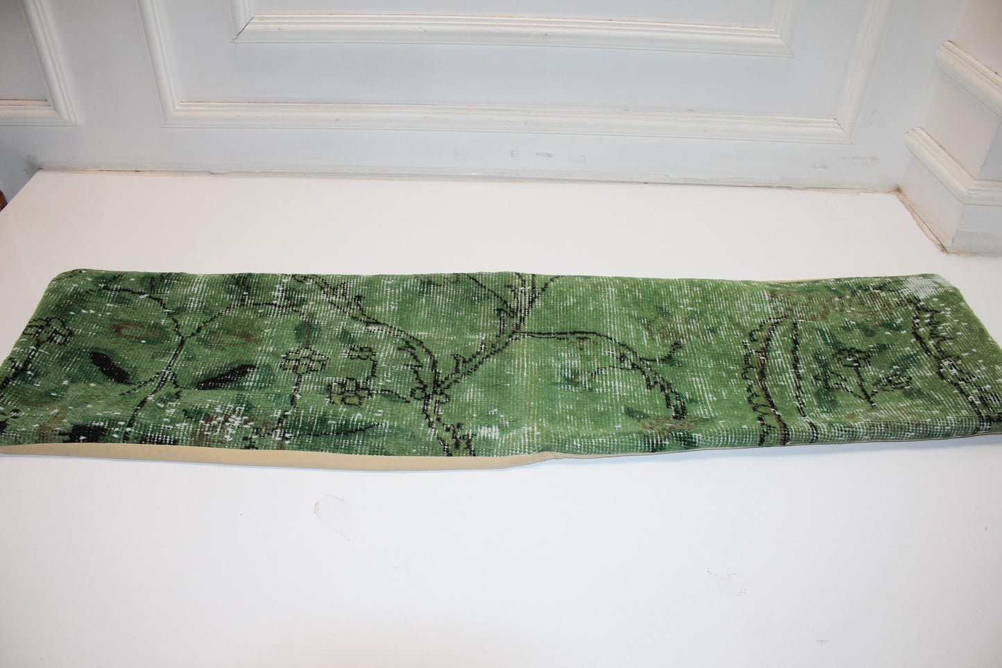 Fresh Green Vintage Turkish Rug Bench Pillow, Botanical Distressed Long Lumbar Cushion 12X48