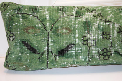 Fresh Green Vintage Turkish Rug Bench Pillow, Botanical Distressed Long Lumbar Cushion 12X48