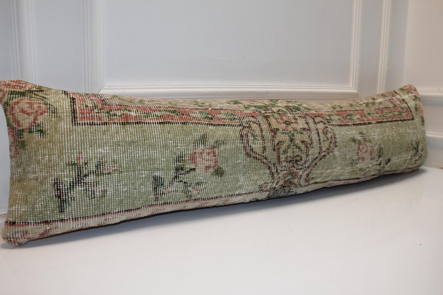 Muted Green Pink Long Lumbar Cushion, Elegant Botanical Sofa Pillow 12X48