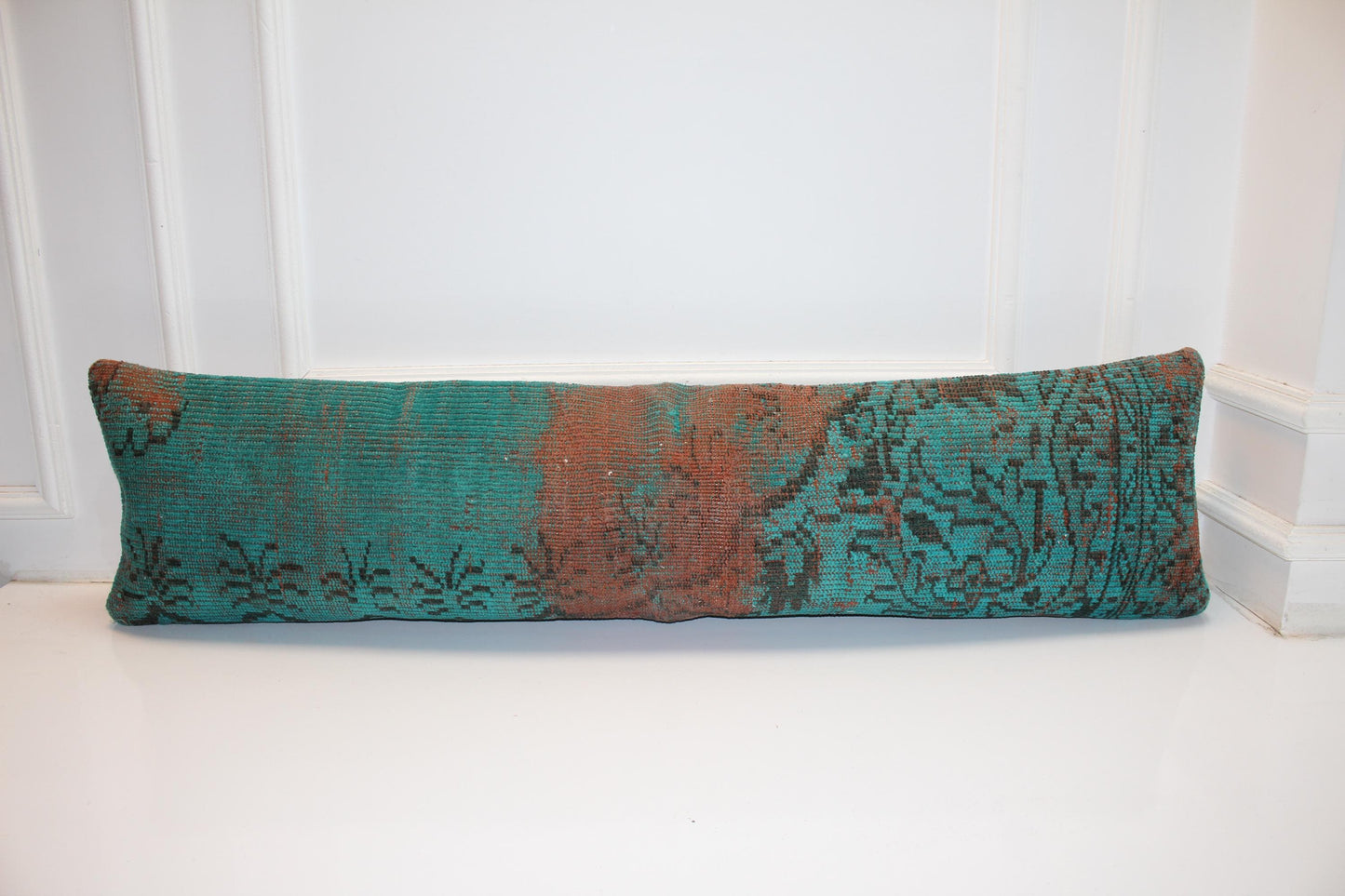 Vintage Turkish Kilim Bench Pillow, Boho Tribal Lumbar Cushion (12x48)