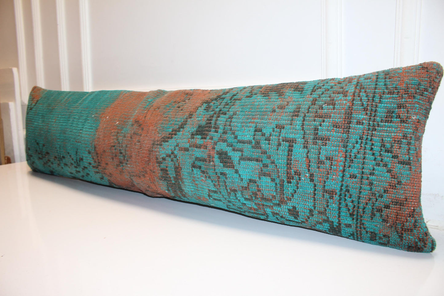 Vintage Turkish Kilim Bench Pillow, Boho Tribal Lumbar Cushion (12x48)