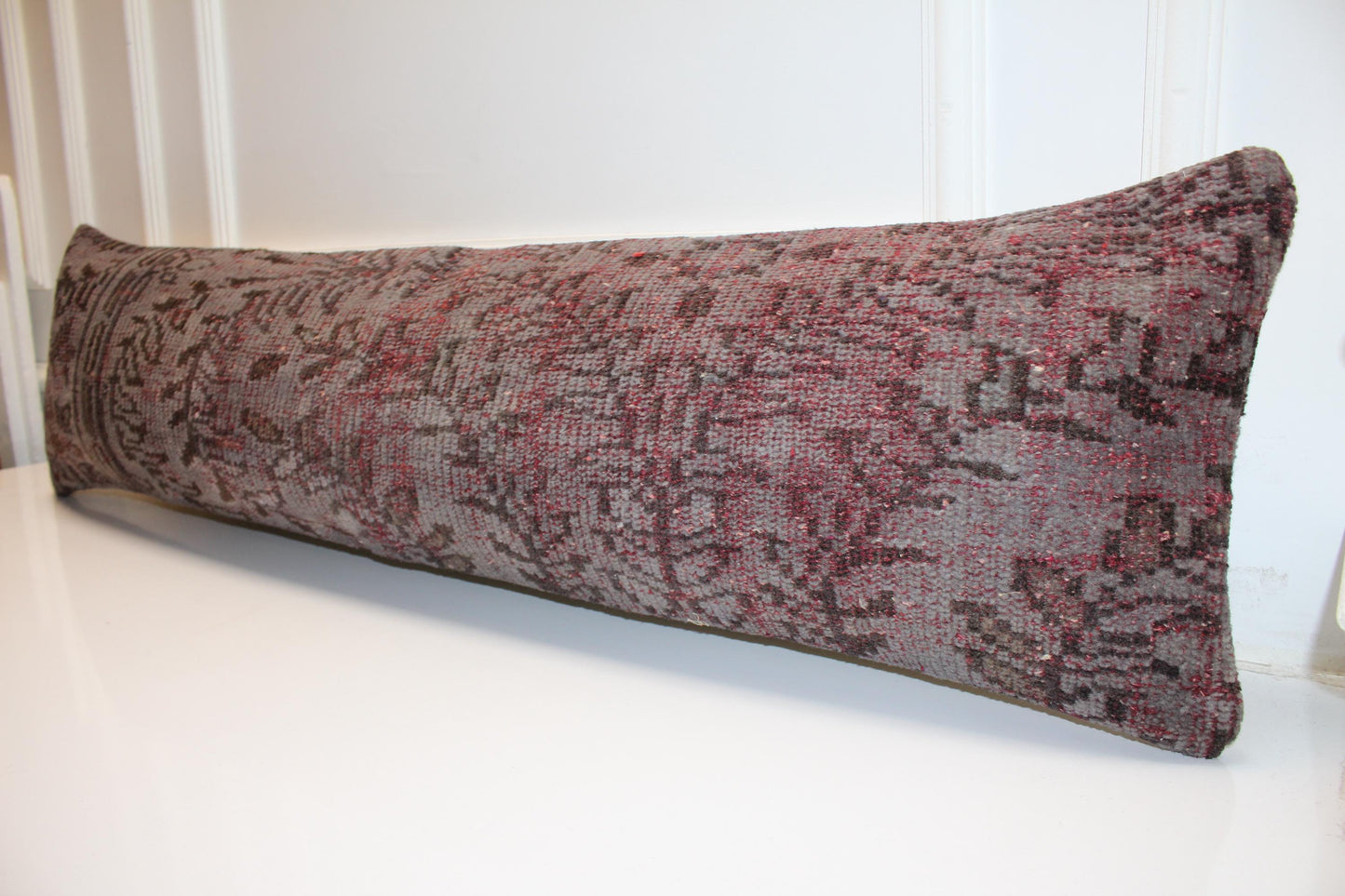 Distressed Vintage Turkish Rug Bench Pillow , Burgundy Taupe Lumbar Cushion12X48