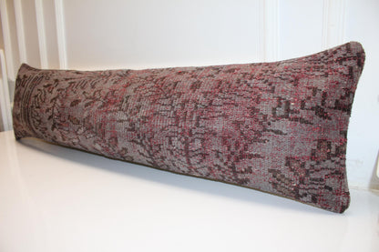 Distressed Vintage Turkish Rug Bench Pillow , Burgundy Taupe Lumbar Cushion12X48