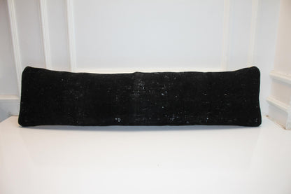 Black Vintage Turkish Rug Bench Pillow 12x48, Extra Long Lumbar Cushion