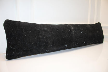 Black Vintage Turkish Rug Bench Pillow 12x48, Extra Long Lumbar Cushion