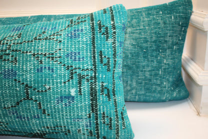 Aqua Horizon Bench Pillow Set 12x48, Coastal Blue Vintage Textile Duo