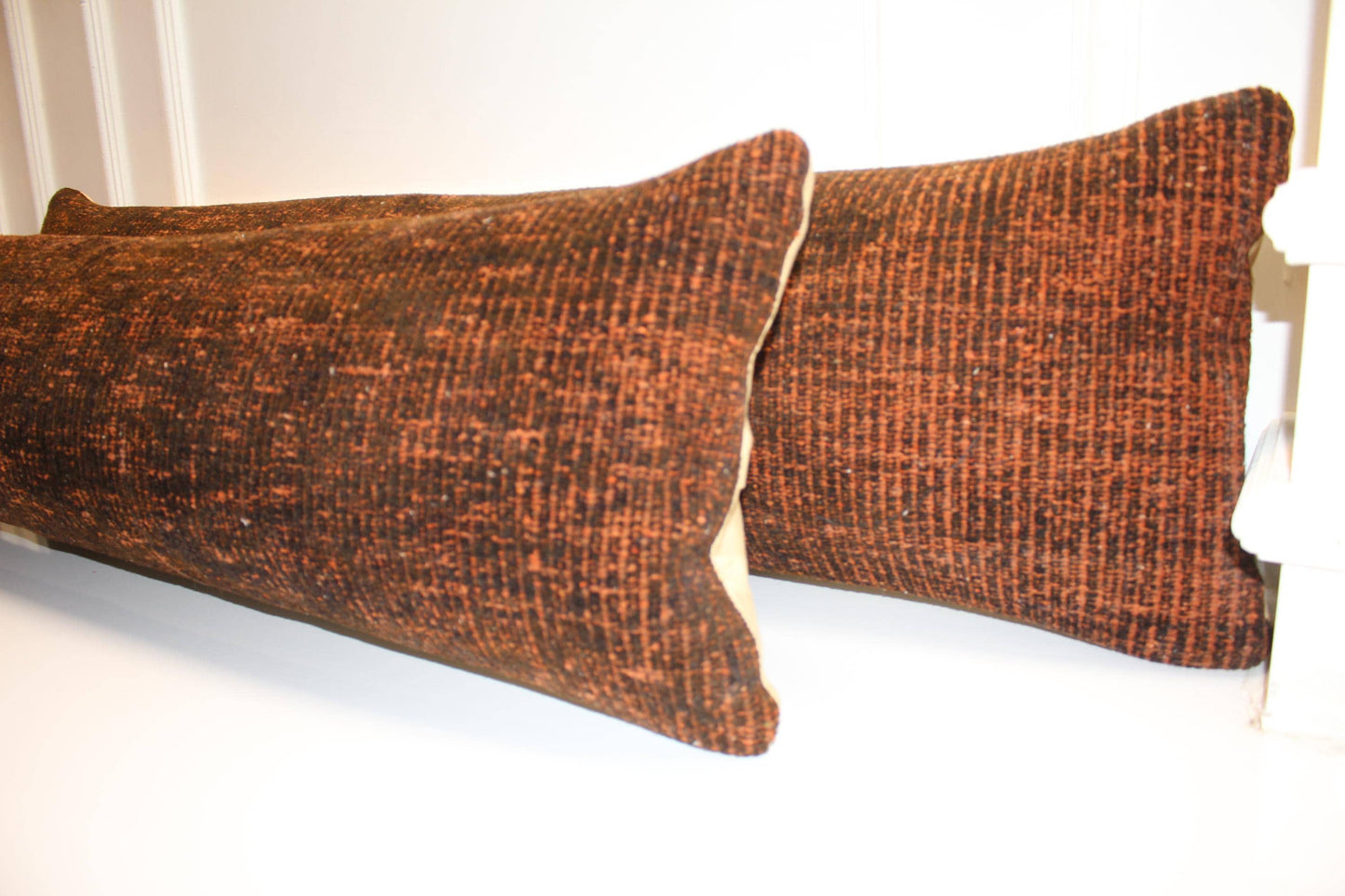 Burnt Copper Bench Pillow Set 12x48, Rich Textured Vintage Textile Duo