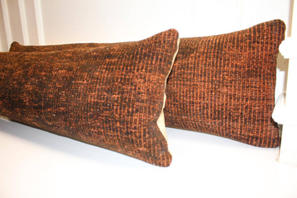 Burnt Copper Bench Pillow Set 12x48, Rich Textured Vintage Textile Duo