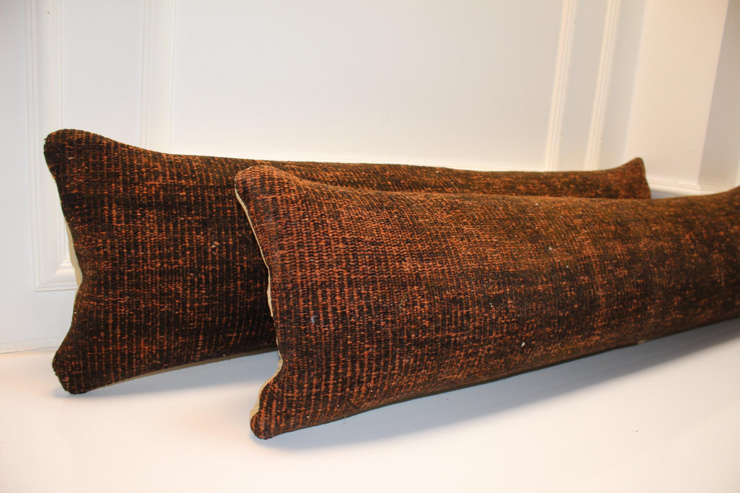Burnt Copper Bench Pillow Set 12x48, Rich Textured Vintage Textile Duo
