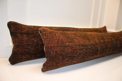 Burnt Copper Bench Pillow Set 12x48, Rich Textured Vintage Textile Duo