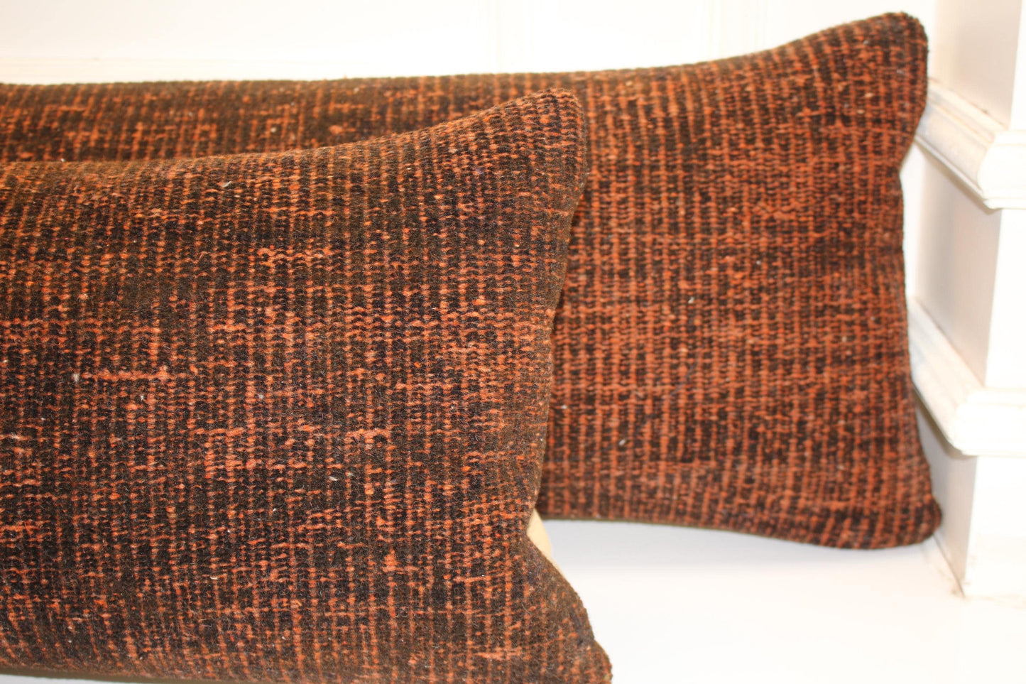 Burnt Copper Bench Pillow Set 12x48, Rich Textured Vintage Textile Duo