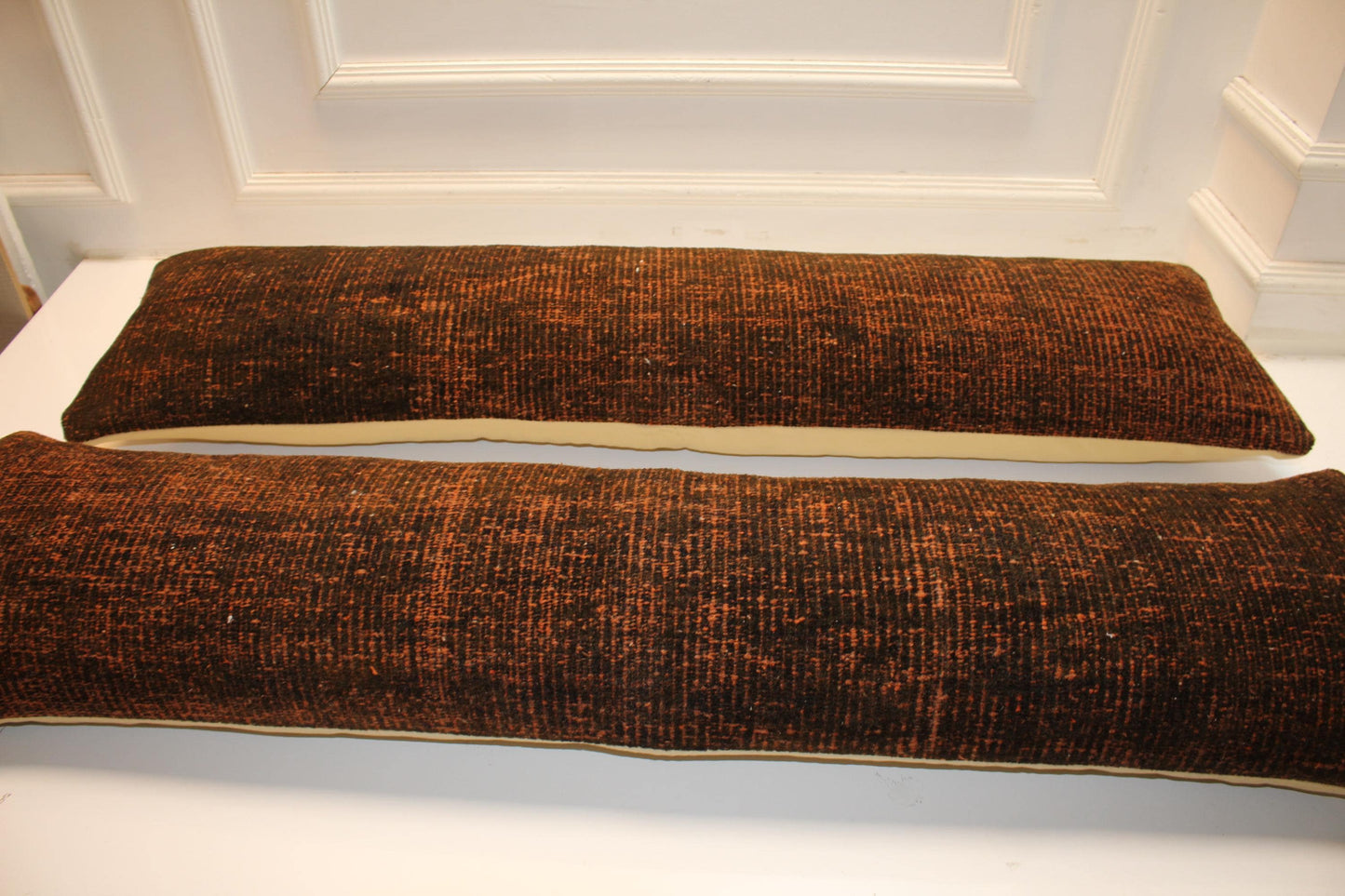 Burnt Copper Bench Pillow Set 12x48, Rich Textured Vintage Textile Duo