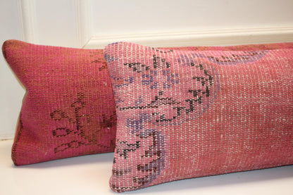 Blush Pop Bench Pillow Set 12x48, Pink Vintage Textile Duo, Extra Long Lumbar Cushions