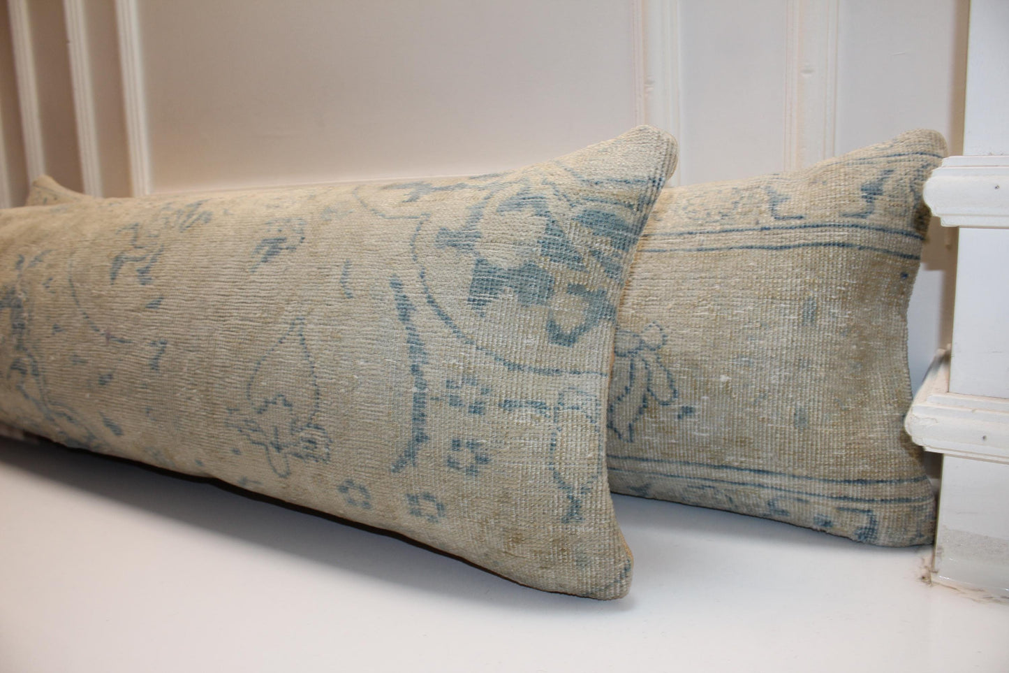 Seaside Calm Bench Pillow Set 12x48, Soft Sand & Ocean Blue Vintage Textile Duo
