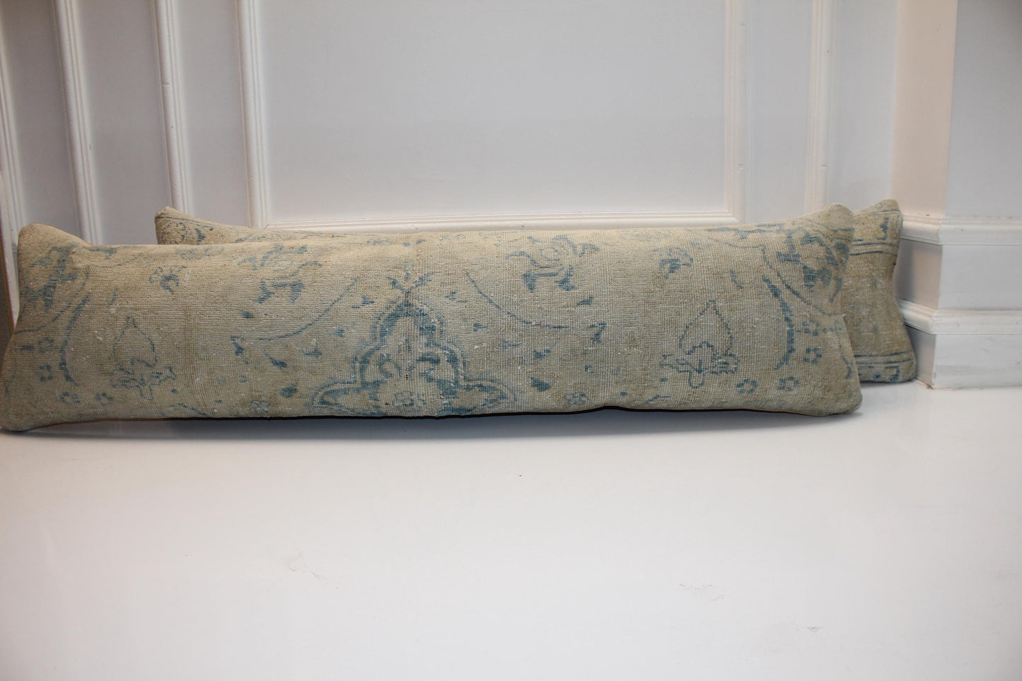 Seaside Calm Bench Pillow Set 12x48, Soft Sand & Ocean Blue Vintage Textile Duo